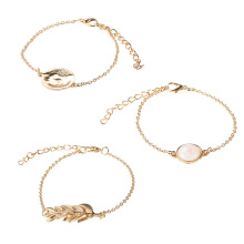 Fashionable temperament bracelet set 3-piece alloy leaf Opal round gemstone bracelets